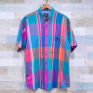 CHAPS Ralph Lauren Vintage 90s Colorful Plaid Shirt Blue Pink Cotton Mens XL